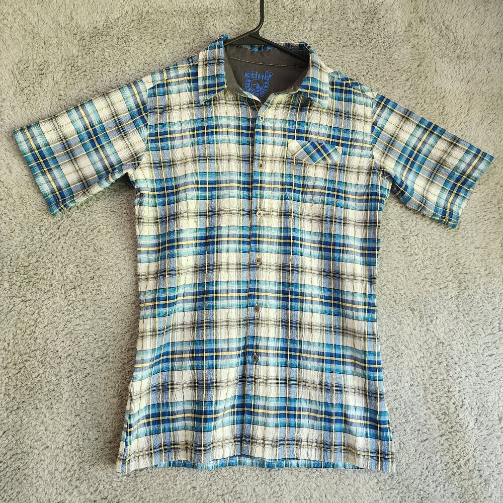 Kuhl Boys Shirts Size XL (16/18) Button Up Blue Short Sleeve Mountain Grown Yout